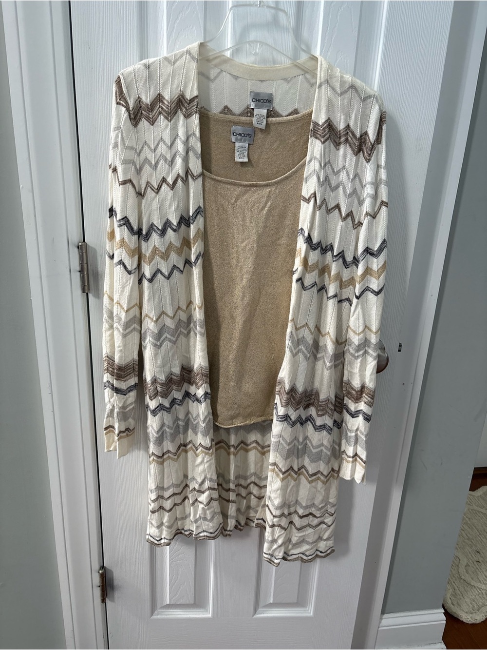 Chico's Cream Chevron Open-Front Cardigan Set